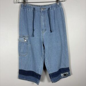 Star Blue Women's Small Elastic Waist Cargo Pocket Drawstring Denim‎ Capri Pants